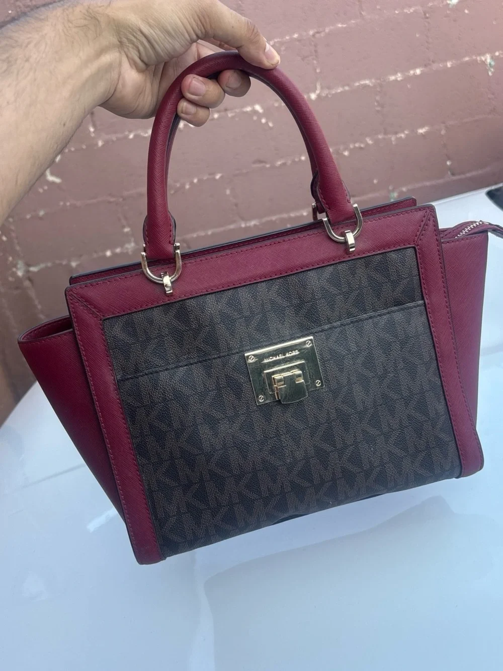 Michael Kors Burgundy and Brown MK Logo Satchel with Gold Hardware
